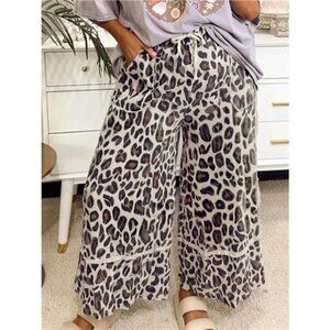 Leopard Print Wide Leg Drawstring Pants